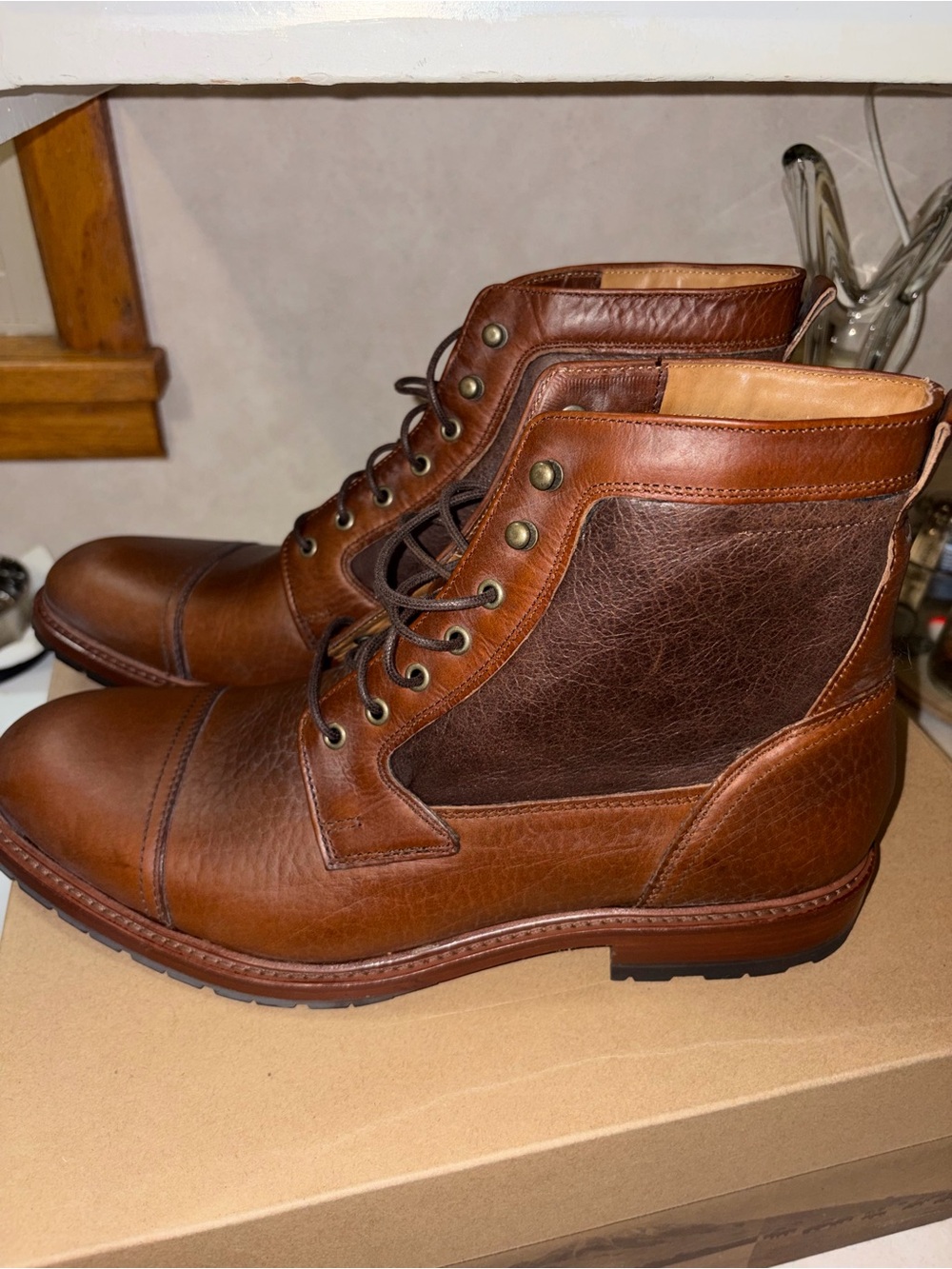 NIB H.S Trask Lowell Shearling Boots Saddle Tan American bison leather